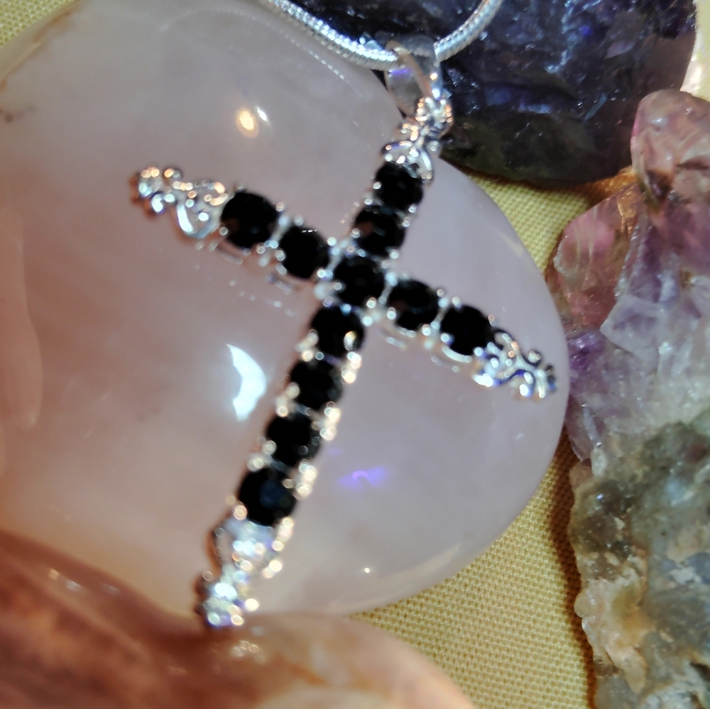 BLACK ONYX STERLING SILVER CROSS PENDANT, ON EITHER 16" OR 18"  STERLING CHAIN.